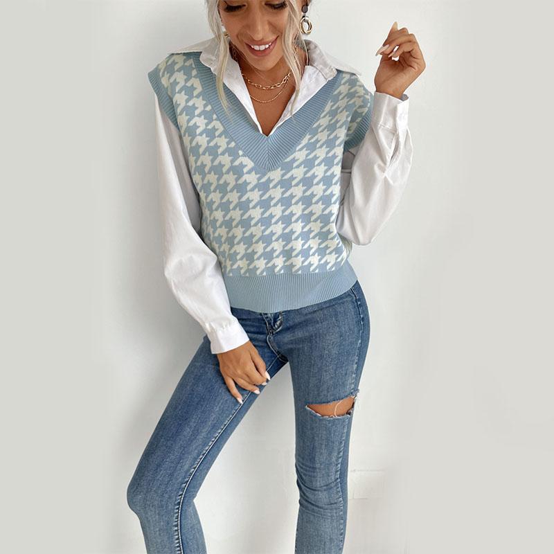 YYFS Women's Fashion Casual Houndstooth Print Autumn Winter Sleeveless V-Neck Sweaters
