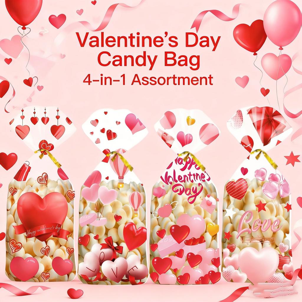 50Pcs Valentines Day Candy Bags Red Hearts Snacks Bags With Gold Ties Valentines Party Bags Happy Valentine’s Day Print Bags Wedding