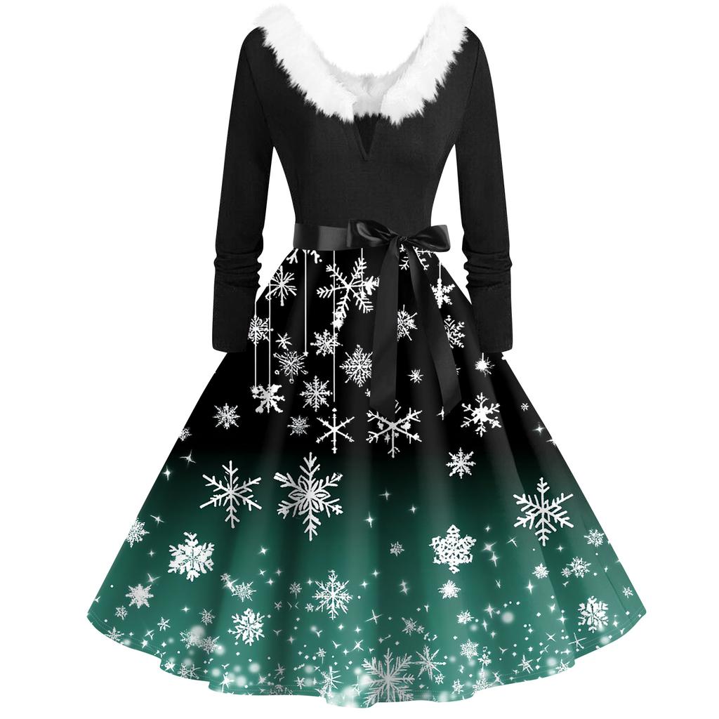 Women's Fashion V-Neck Casual Slim Christmas Printed Long Sleeve Hair Collar Dresses