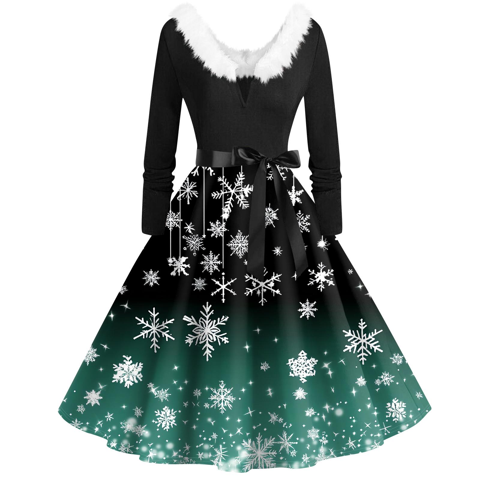 

Жіночі модні повсякденні тонкі різдвяні різдвяні сукні з довгим рукавом і коміром з V-подібним вирізом XXXL темно-зелений колір