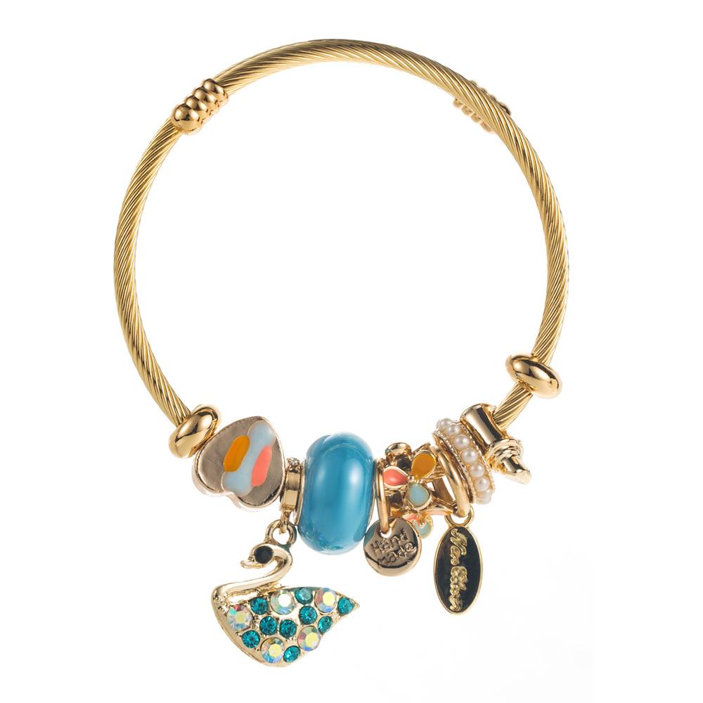 Gold Alloy Inlaid Swan Pendant Bracelet Fashionable Personality Versatile Adjustable Bangle for Women