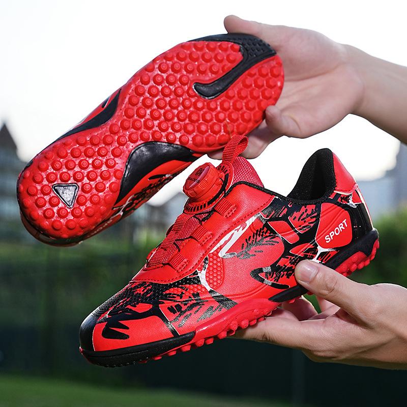 2025 new leather rotating buckle children's football shoes men's broken nails young students lace-free sports shoes