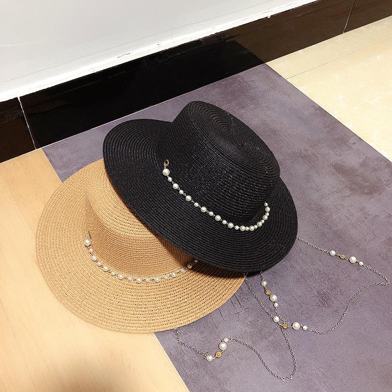 Neue Damen Sommerhüte Stroh-Sonnenhut Panama Elegante Stroh-Fedora-Hüte Damen Mädchen Outdoor-Urlaub mit Perlenkette Sonnenschutz Strandhut