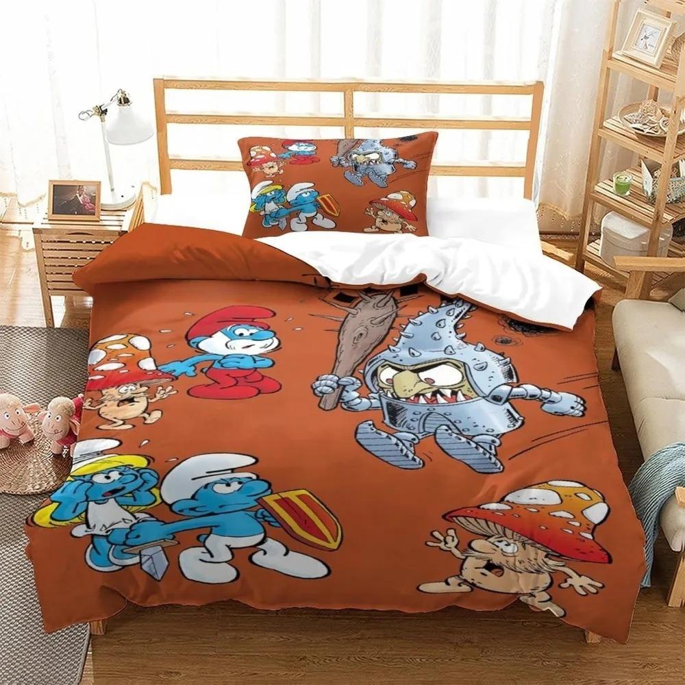 Cute Animated Pattern Print SmurfS Duvet Cover 3D Print Blue Elves Bedding Set For Teenagers Adult With Zip Room Decor