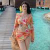 Womens Printed Backless Halter Long Sleeve Maxi Dress Set With Built-in Pad Beach Vacation Sun Protection