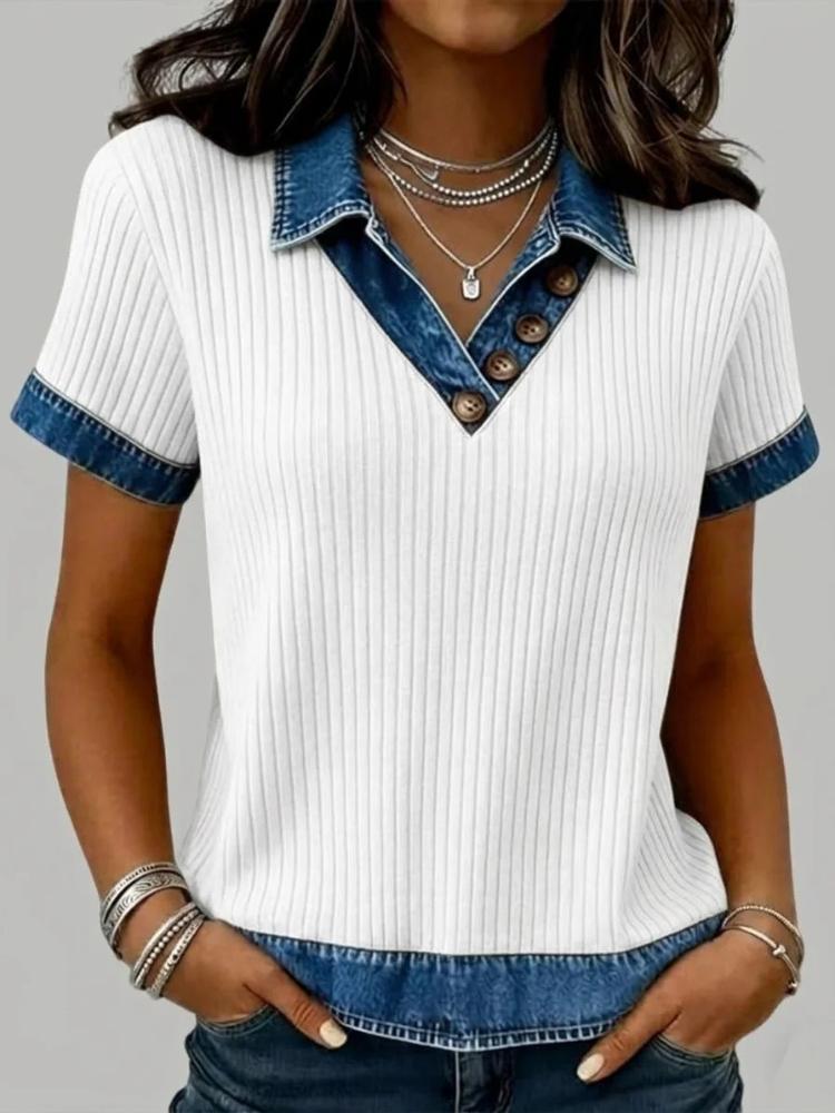 2026 Dam Casual Denimkrage Kortärmad Tröja Patchwork Stickad Skjorta
