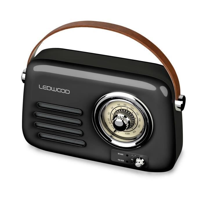 Radio Rétro portable Ledwood ALMA, FM, Bluetooth 5.3 Entrée USB, Puissance 30W - Batterie 3,7V-1500mAh - Retro Vintage - Noir