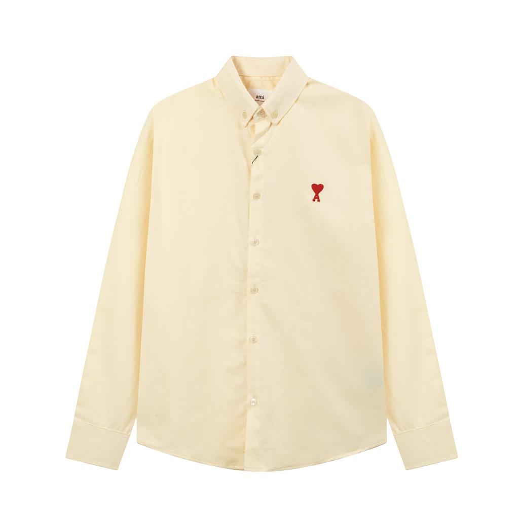AMI Classico Primavera e Autunno Camicia Casual in Cotone Tinta Unita a Maniche Lunghe con Ricamo Cuore Rosso sul Petto