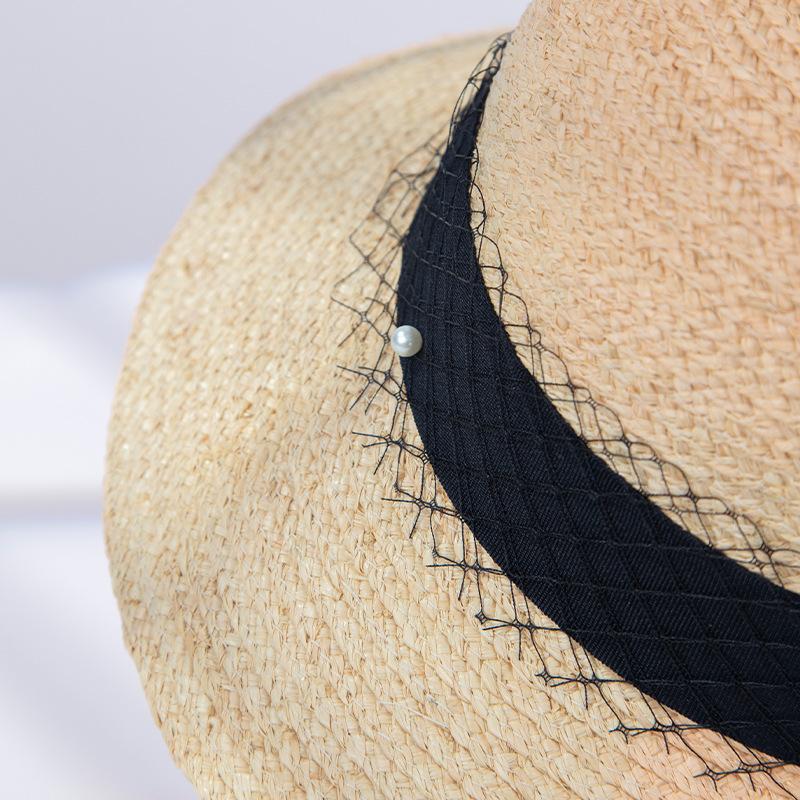 New Summer Rafia Fisherman Hat Pearl Mesh Webbing Beach Vacation Sun Protection Sunbath Hat