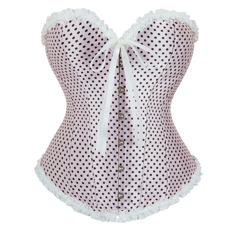 Corset feminino plissado de bolinhas rosa claro, corset longo europeu e americano