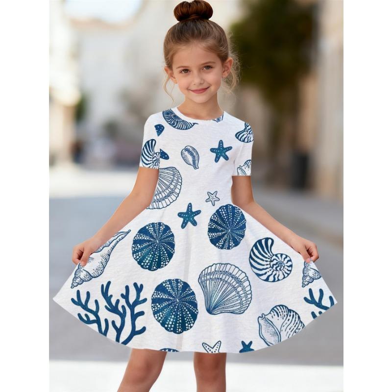 Short-Sleeved Dress for Girls Featuring a 3D Printed Cat Design - a Casual Summer Tutu Dress