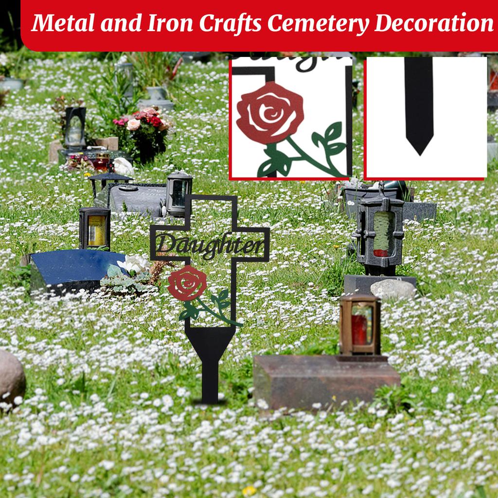 Metal Cross Memorial Stake for Cemetery Graveyard Outdoor Lawn Decoration with Daughter Lettering and Rose Design Iron Craft