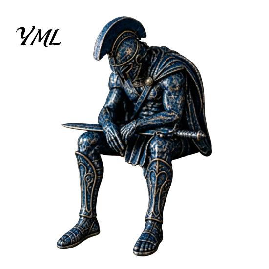 Ancient Warrior Statues Greek Shelf Sitter Statue, Sitting Soldier Figurine with Home Cabinet Decor Helmet, Historical Desktop Ornament for Bookshelf