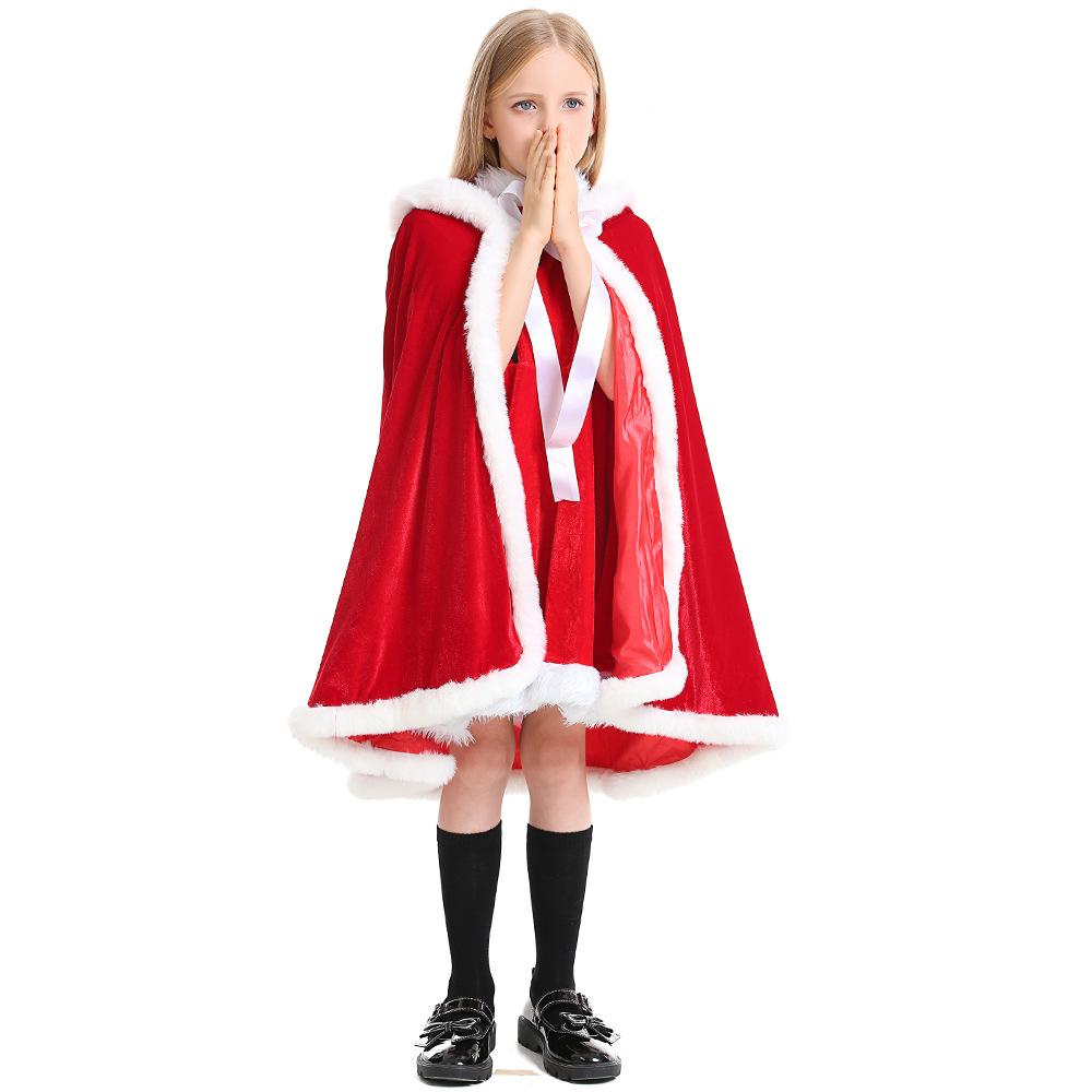 Kids Girls Santa Claus Xmas Red Hooded Dress Cloak Sets Children Christmas New Year Cosplay Costumes Kindergarten Performance Role Play Outfit