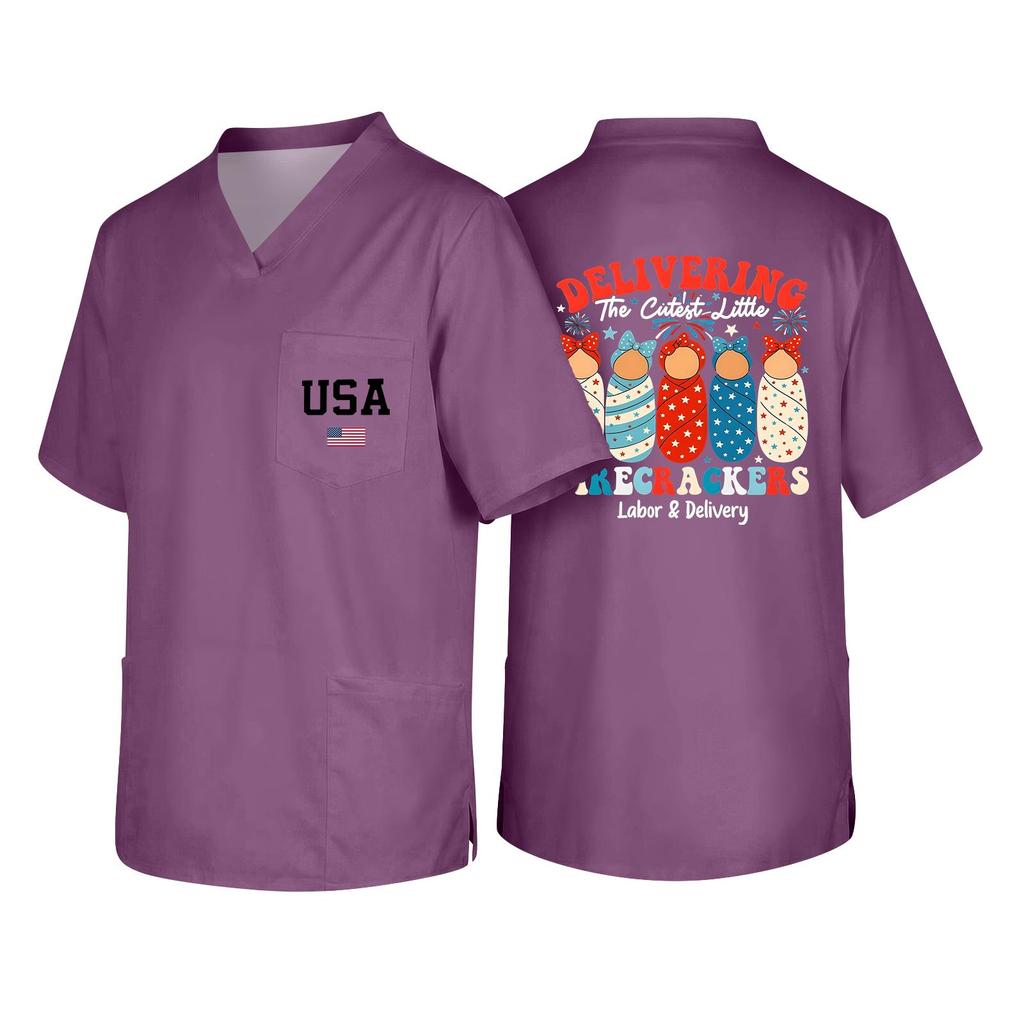 Men's Short Sleeve V Neck Work Shirt Nurse Uniform Top with Pocket USA Print Casual Fit Medical Scrub Tee for Healthcare Professionals
