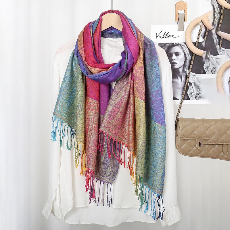 Ethnic Style Colorful Cashew Embroidered Long Scarf Rainbow Gradient Tassel Scarf Shawl Women's Headscarf