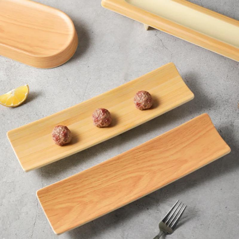 Melamine Tableware Long Sushi Plate Imitation Wood Grain Dinner Plate  Pot Serving Plates Snack Tray Dim Sum Plates Dish