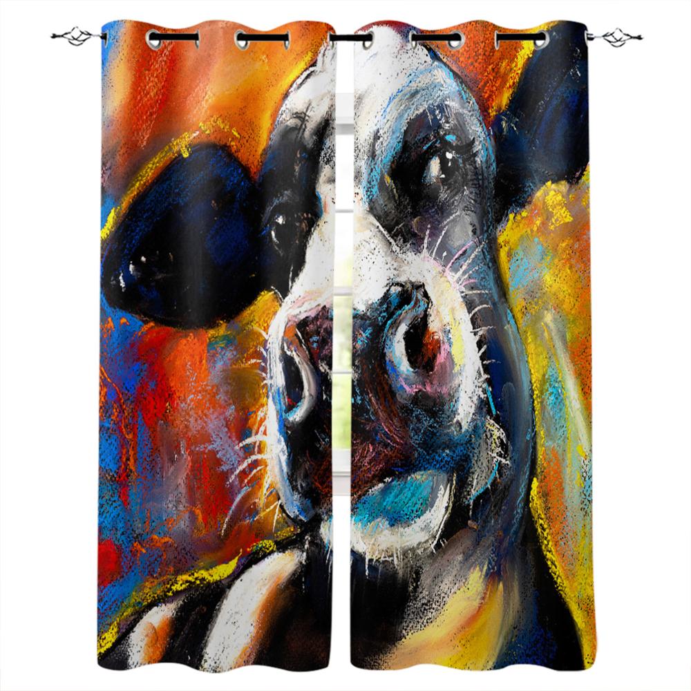 Animal Cow Color Oil Painting Window Curtains Bedroom Kitchen Drapes Panel Curtains for Living Room Christmas Home Decor