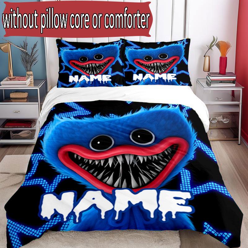 3pcs Duvet Cover Set (1*Duvet Cover + 2*Pillowcase, Without Core), Custom Name Huggy Wuggy Pattern Bedding Set, Home Bedroom Decor Gift