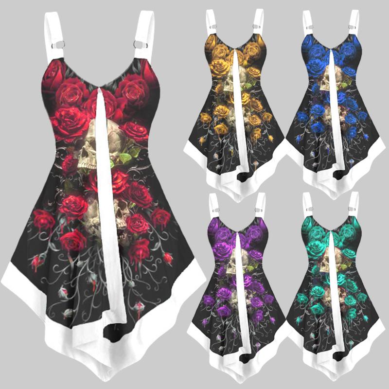 

Женский череп и роза печатные танк топы повседневные без рукавов нерегулярные рубашки подол плюс размер