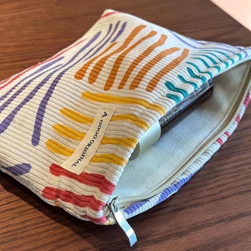 Colorful Stripes Corduroy Cosmetic Bag Portable Travel Toiletry Bag Skincare Sundries Aesthetic Makeup Storage Bag