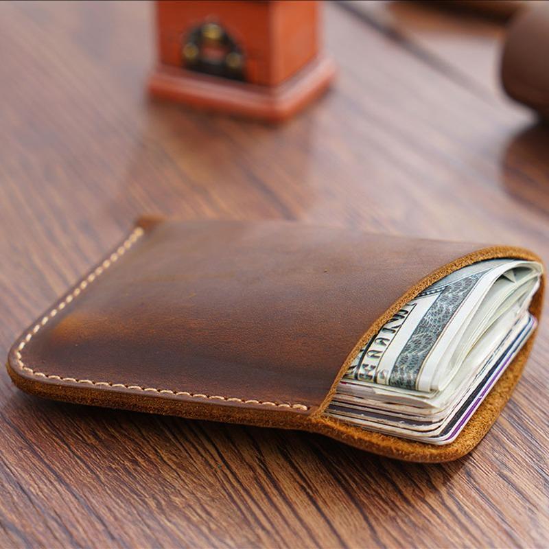 1 Pc Portable Leather Money Bag Hand-Stitched Vintage Cowhide Wallet Card Holder Pouch Organizer