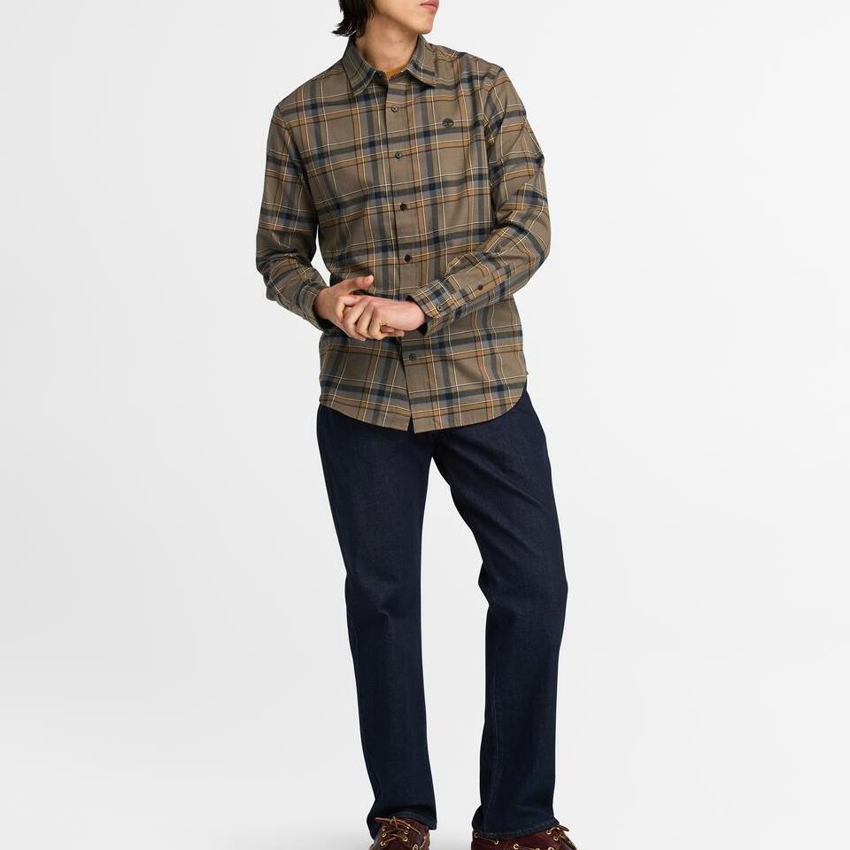 Timberland Plaid Outdoor Casual Breathable Long Sleeve Shirt Men Shirts Khaki A44G5-BK2