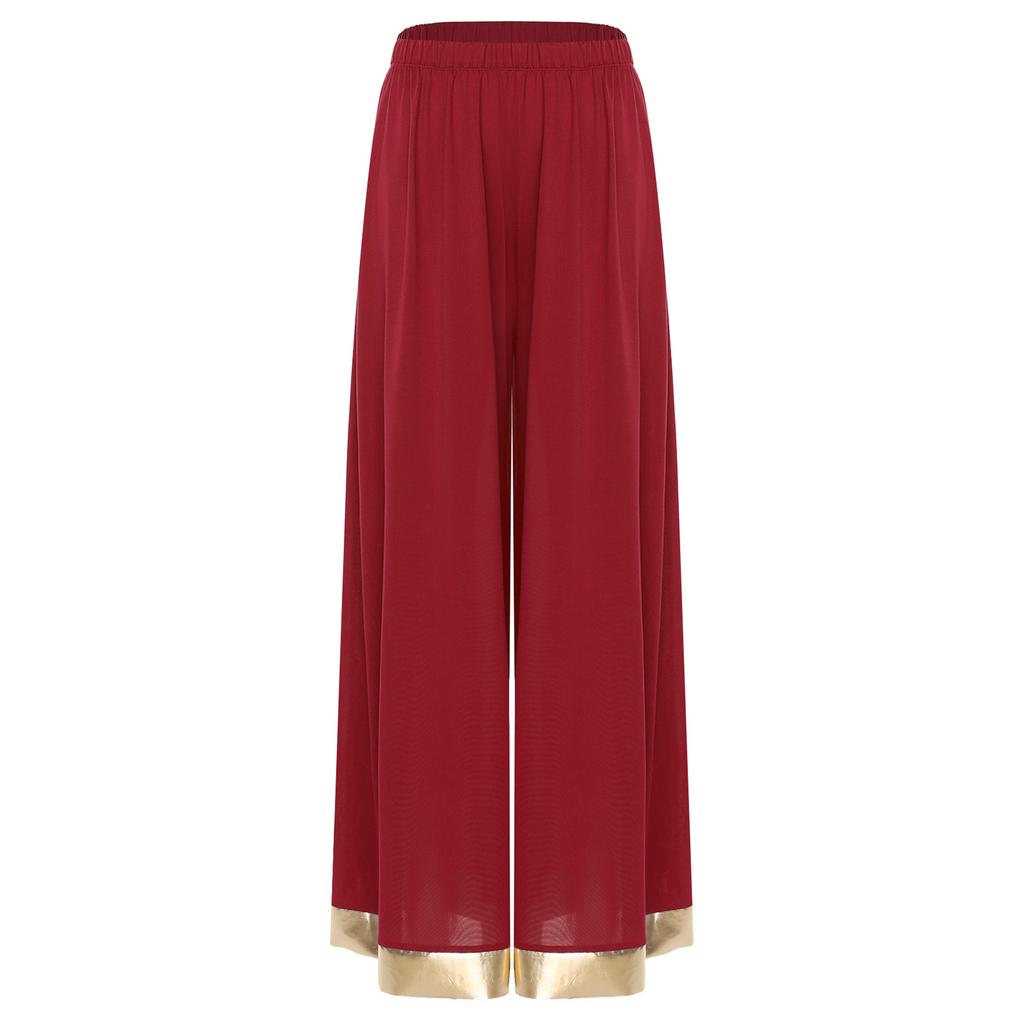 Womens Worship Praise Dance Pants Elastic Waist Metallic Shiny Trim Wide Leg Pants Loose Trousers
