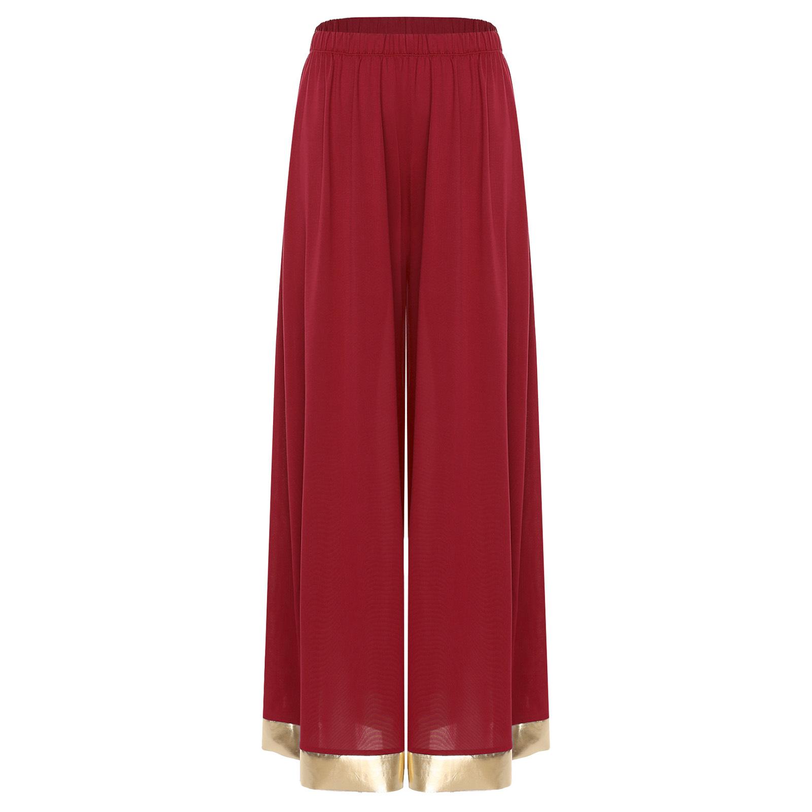 

Жіночі штани для поклоніння та хвали, танцювальні штани, еластична талія, металізоване блискуче оздоблення, штани з широкими штанинами, вільні штани L бордовий