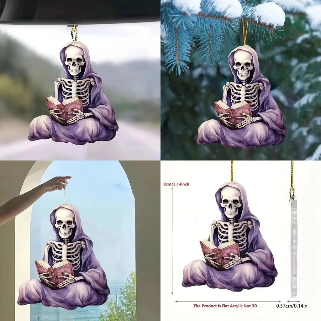 Flat Halloween Acrylic Surface Pendant With Reading Skeleton Design For Decor