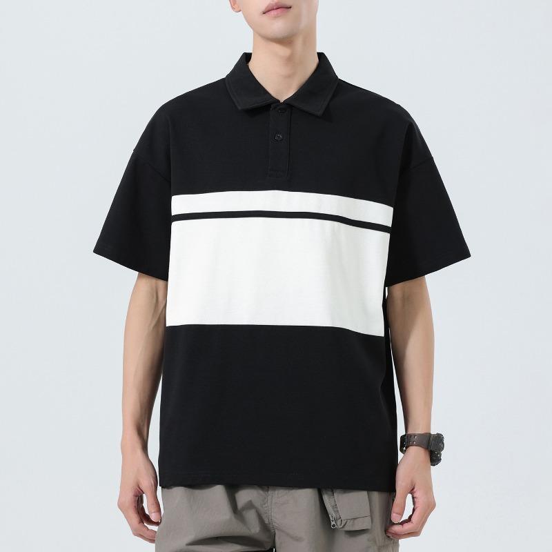 

Men Color Block Stripe Polo Shirt Collar Short Sleeve Loose Casual Retro Daily Business Summer Street Top M чёрный