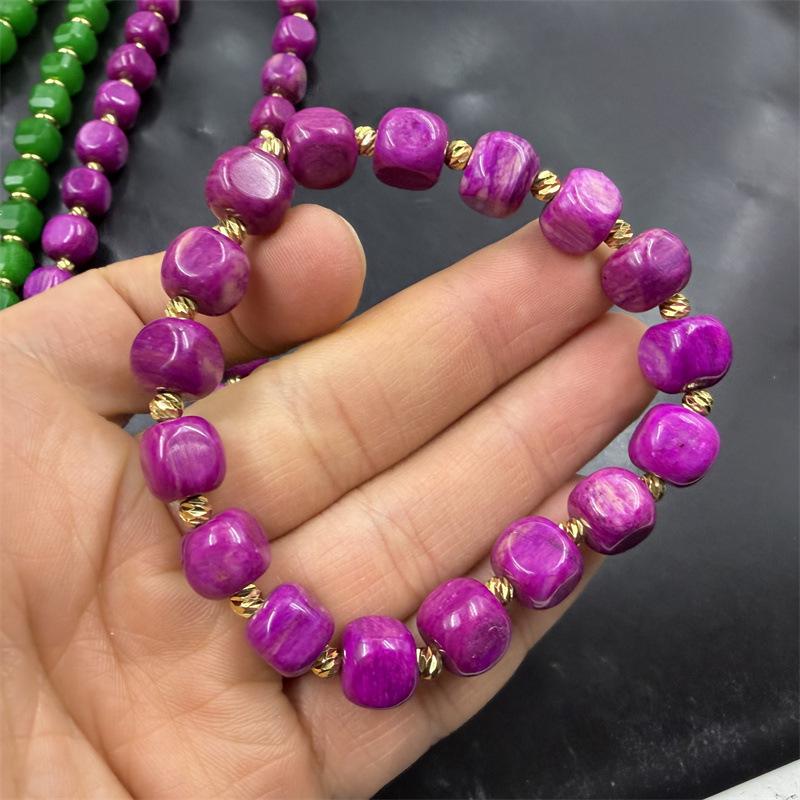 Agate Lane: Green Square Necklace, Sugar Cube Bracelet, Pink Irregular Bead Bracelet.