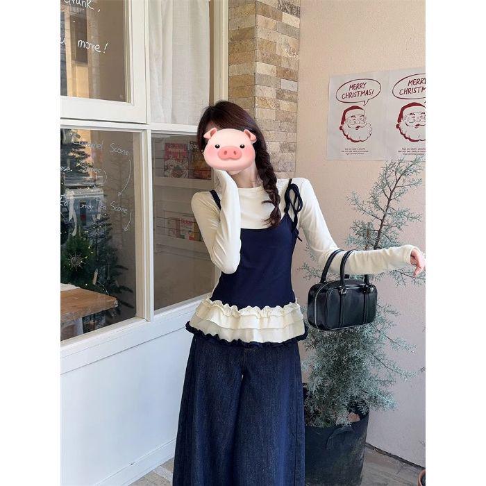 

Жіноча весняна футболка з оборками в милому стилі, що складається з двох частин, приталена, з довгим рукавом Medium темно-синього кольору