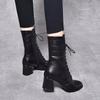 Pointed Leather Boots Women's Medium Boots 2025 Autumn and Winter New Black Embossed Cowhide Thick Heel Lace-up Fashion Boots High Heels Boots