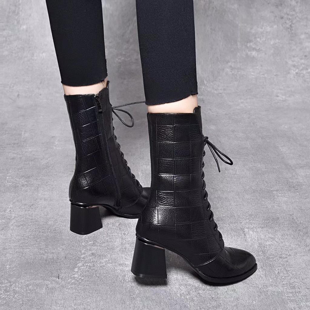 Pointed Leather Boots Women's Medium Boots 2025 Autumn and Winter New Black Embossed Cowhide Thick Heel Lace-up Fashion Boots High Heels Boots