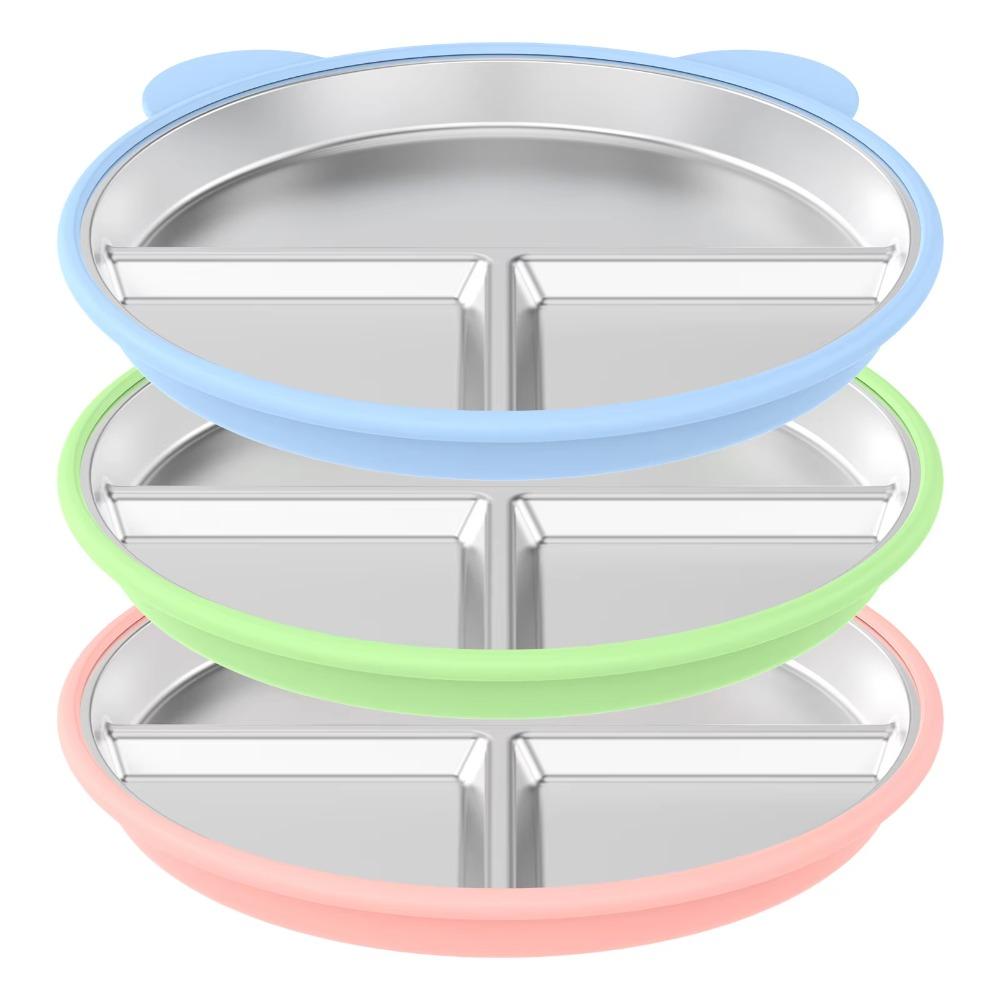 3 Grids Suction Cup Dining Plate 304 Stainless Steel Kids Feeding Plate Kindergarten