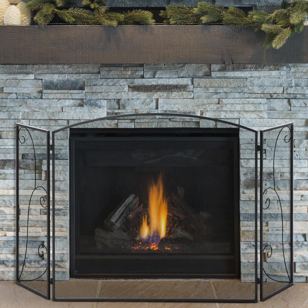 Fire screen for fireplace or stove elegant design Spark guard 3 Foldable Panels dim. 132.5W x 76.5H cm Black metal steel
