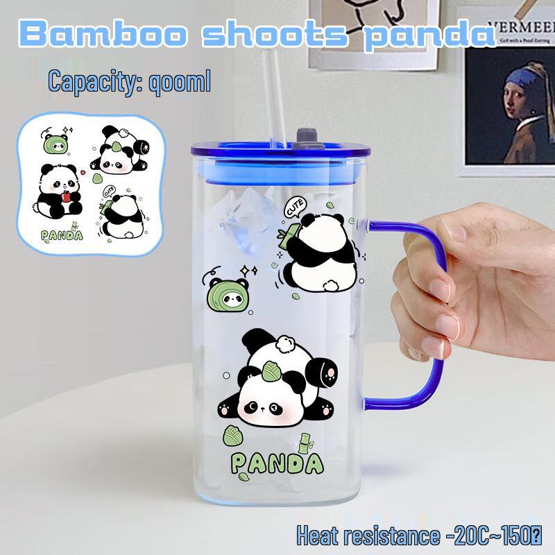 Shangqi 900ml Panda Glass Milk Cup with Lid & Straws