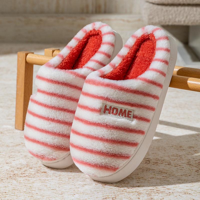 Plush cotton slippers women's autumn and winter home soft bottom non-slip plush warm couple striped plush slippers men's