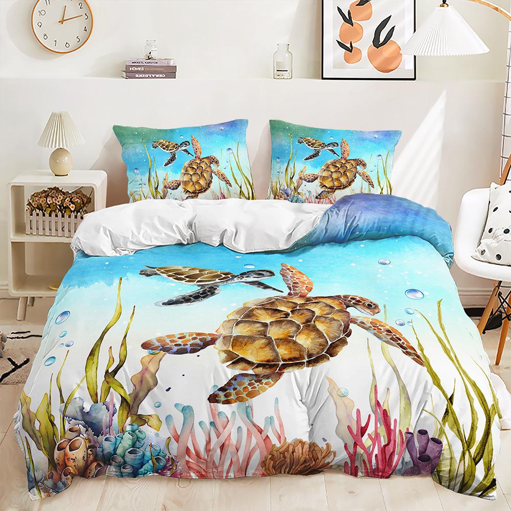 Three-Piece 3D Quilt Cover, Sea Turtle Marine Life Kit, Bedding