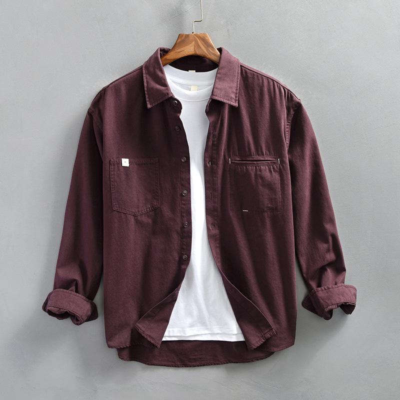 Nákladové košile s dlouhým rukávem v japonském stylu pro muže jaro podzim volný top čistá bavlna dvojité kapsy červená košile tenké neformální bundy