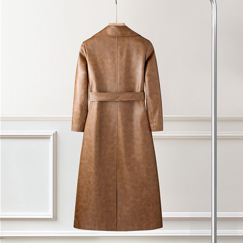Elegante Soprabito Lungo da Donna Trench Vintage in Pelle Cappotto Mezza Lunghezza Slim Fit Primavera Autunno Capospalla