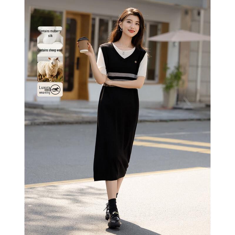 Demana Silk Wool Blend Faux Two-Piece T-Shirt Dress L