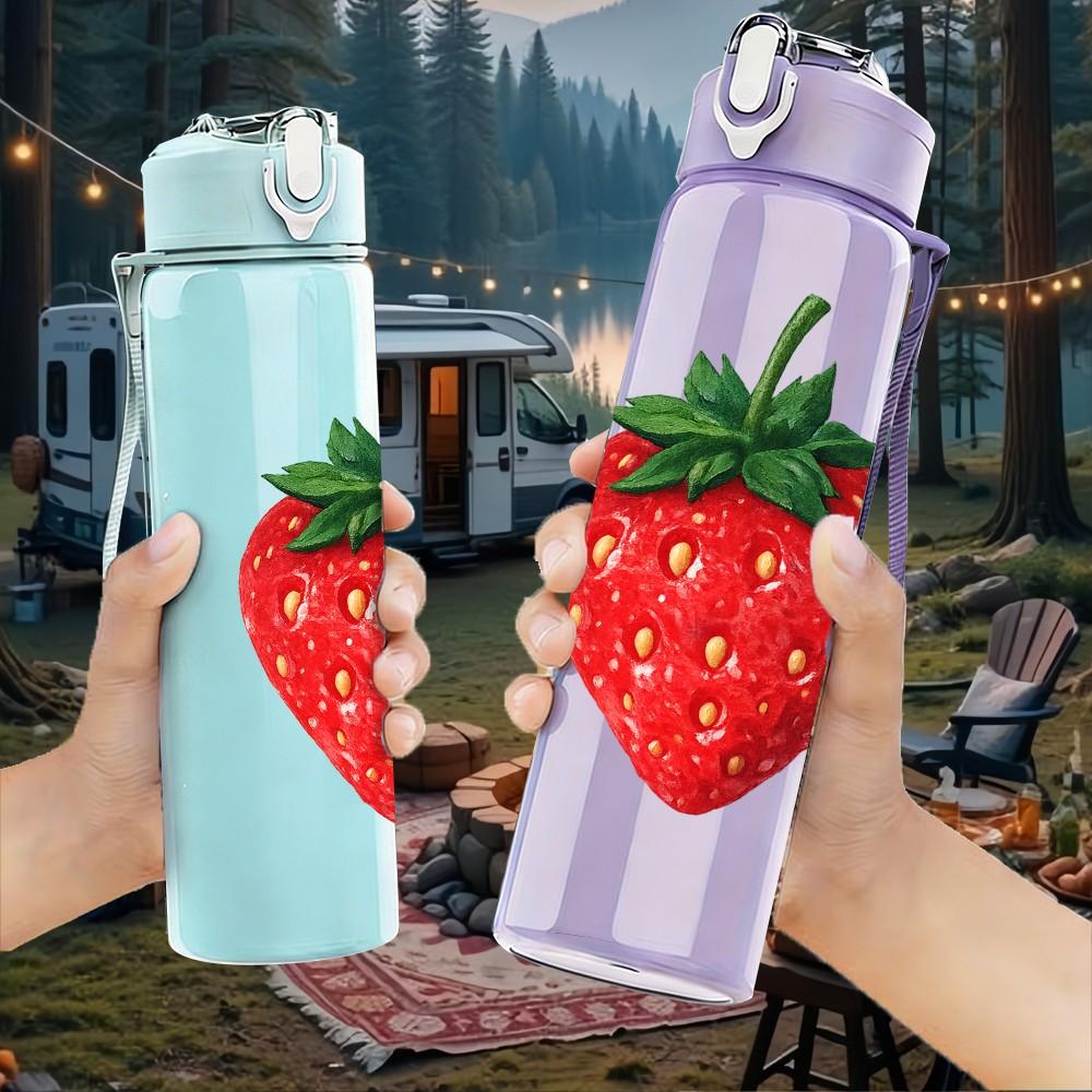 1PC Juicy Red Strawberry Fruit Print 750ml Color Plastic Sports Water Bottle Leakproof Flip Straw Lid Suitable for Sports Office Home Use