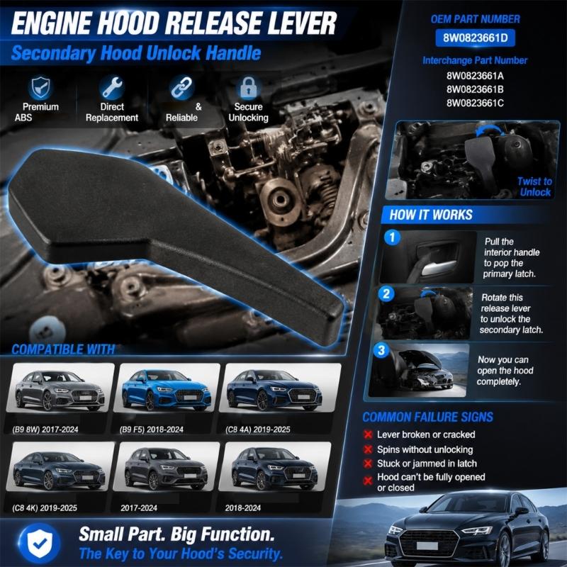 8W0823661D 8W0823661B Under Hood Release Handle Lever, Mechanical ABS Component That Completes Second Release Step for C8 RS7