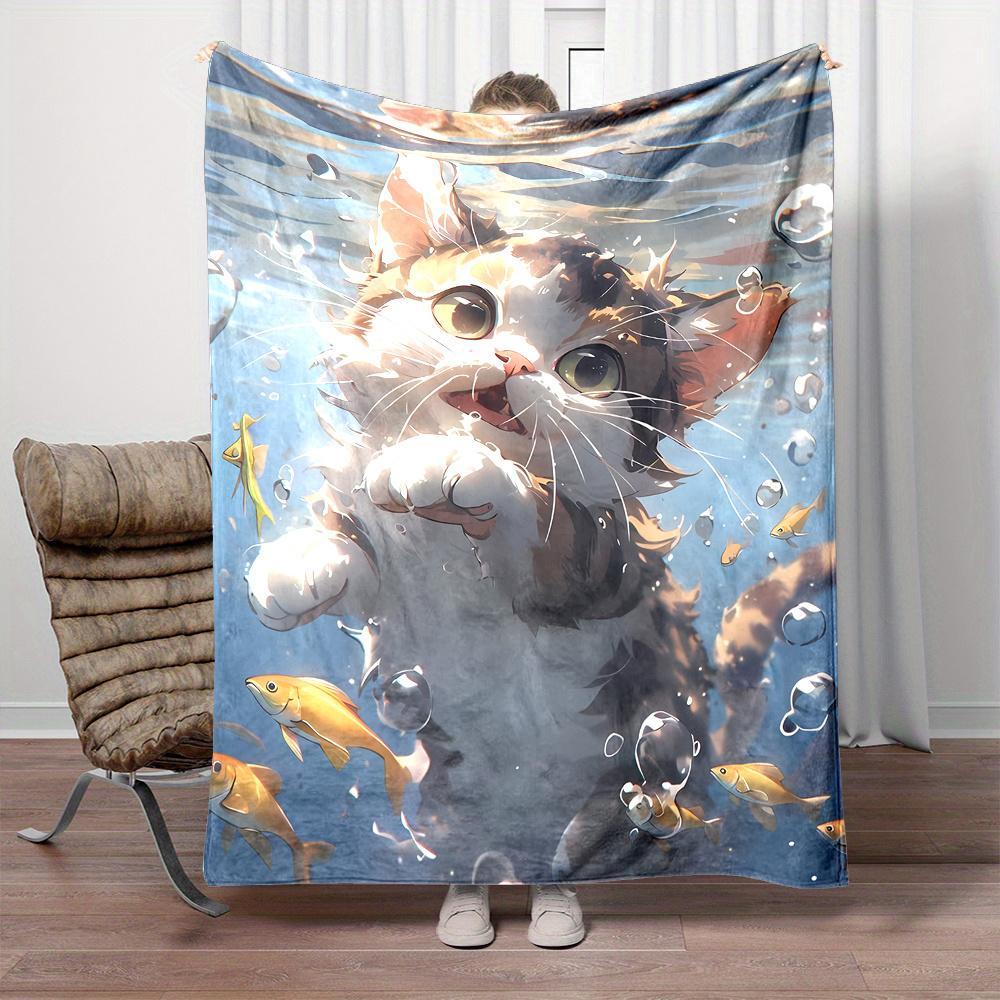Cozy Ocean Theme Cat Fish Pattern Print Flannel Blanket - Lightweight, Soft, Warm Blanket for Sofa, Bed, Travel, Camping