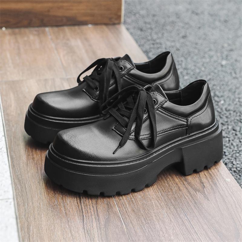 

Маленькие кожаные туфли на платформе со шнуровкой в британском стиле 2024 года, новые маленькие мокасины-маффины, мужские одинарные туфли 30388-J 38 чёрный