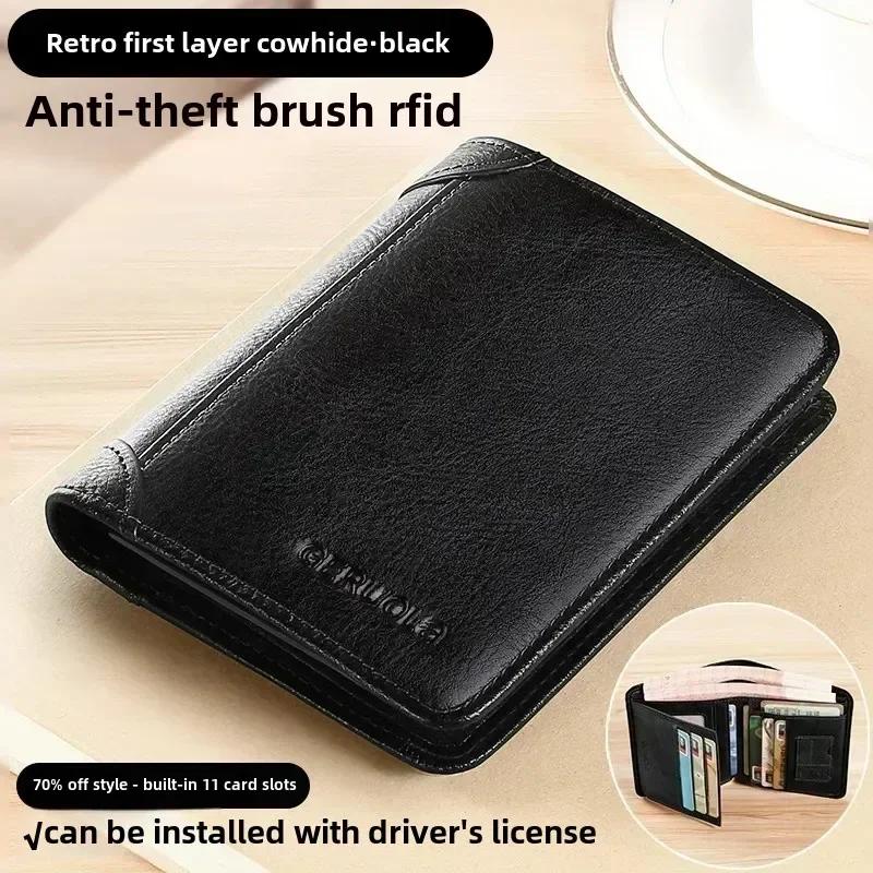 Men Wallet Genuine Leather Rfid Blocking Trifold Wallet Vintage Thin Short Multi ID Credit Card Holder Male Purse Money