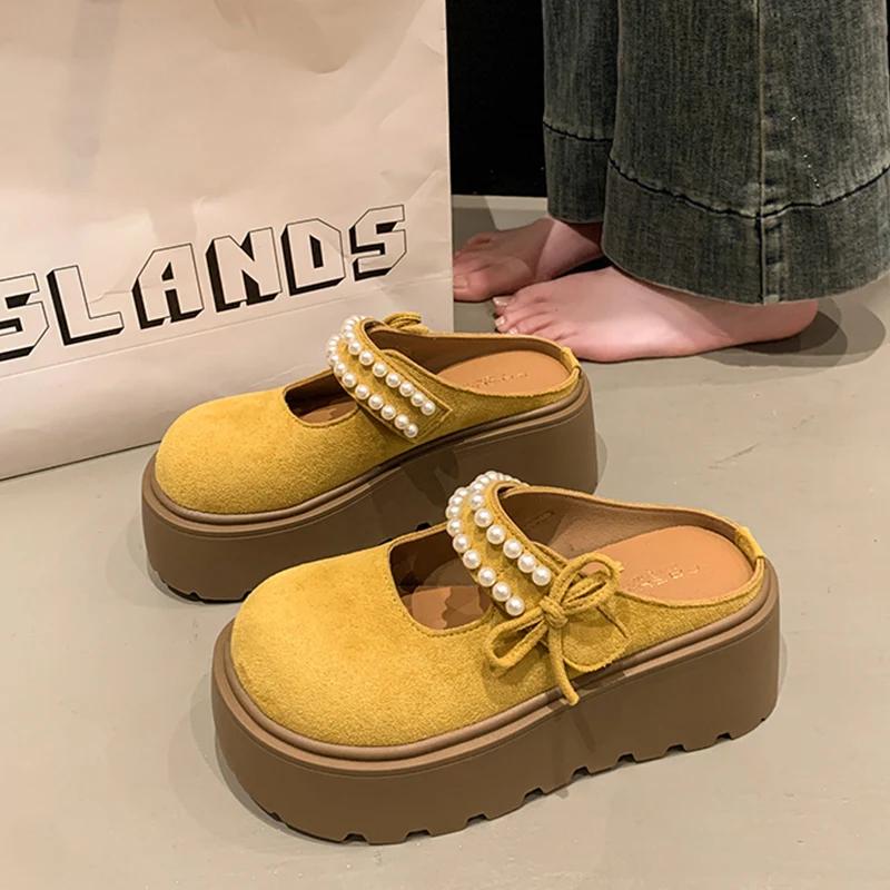 Fashion Shoes Woman 2025 Cover Toe Loafers String Bead Butterfly-Knot House Slippers Platform Luxury Slides Designer Butterfly-knot
