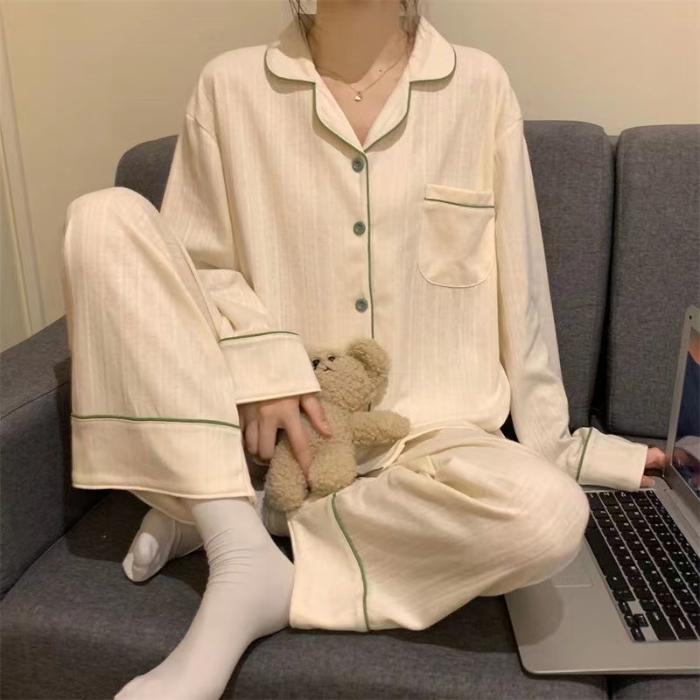 Women Long Sleeve Trousers Soft Pajamas Dormir Lounge Sleepwear Solid White Pajama Bedroom Home Clothes Female Pyjamas